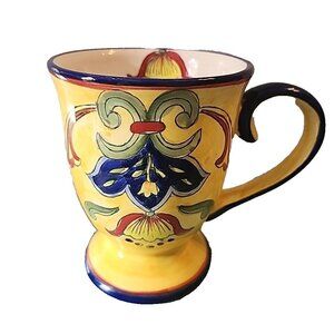 Yellow Blue Talavera Cup Mug Pedestal Ceramic Pottery Large